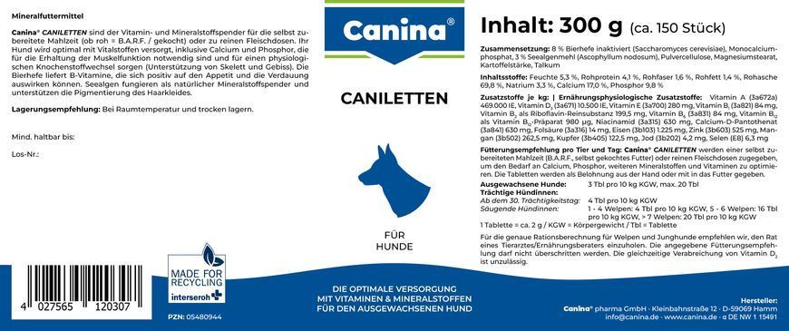 Вітаміни Canina Caniletten комплекс для дорослих собак, 2000 г (1000 табл)