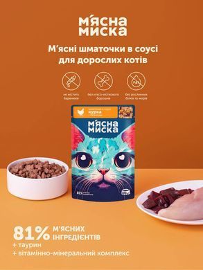 Вологий корм м'ясні шматочки в соусі з куркою та печінкою для дорослих котів М'ясна Миска 100 г