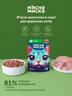Вологий корм м'ясні шматочки в соусі з птицею для дорослих котів М'ясна Миска 100 г