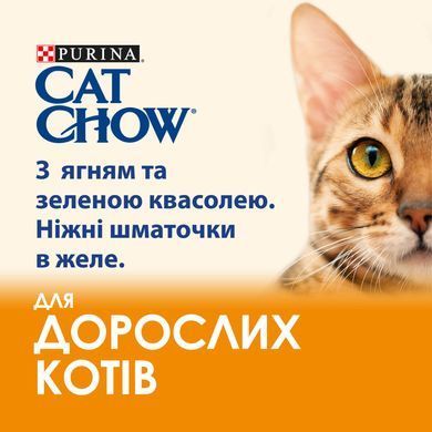 Вологий корм CAT CHOW Adult для дорослих котів, шматочки в желе, з ягням та зеленою квасолею, 85 г