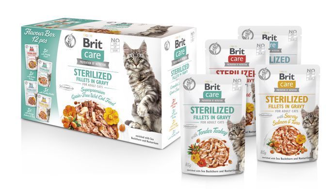 Корм вологий для стерилізованих котів Brit Care Flavour box Sterilized філе в соусі, набір паучів 12 х 85 г