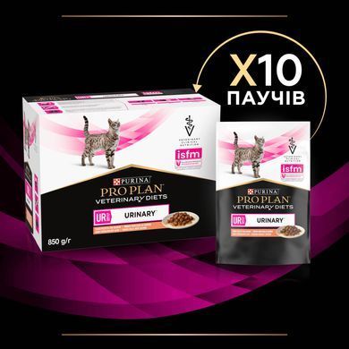 Лікувальні дієти для котів Вологий дієтичний корм PRO PLAN VETERINARY DIETS UR ST/OX Urinary для дорослих котів для розчинення та зниження утворення струвітних каменів, шматочки у підливці, з лосось, 10х85 г