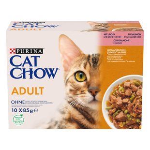 Вологий корм CAT CHOW Adult для дорослих котів, шматочки в желе, з лосось та зеленою квасолею, 10x85 г