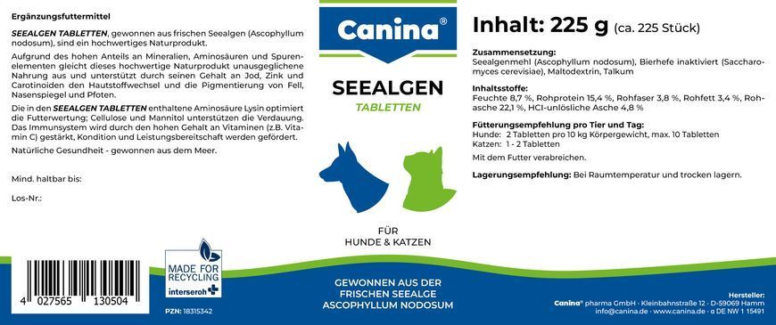 Вітаміни Canina Seealgen для собак та котів, для шерсті з морськими водоростями, 750 г (730 табл)