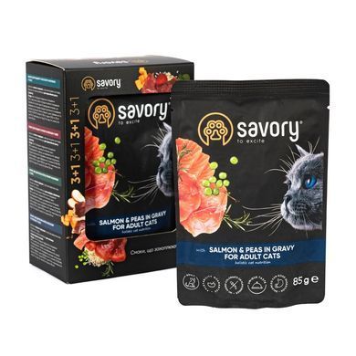 Вологий корм для котів Набір паучів Savory Adult "3+1" для котів, лосось з горохом у соусі, 85 г