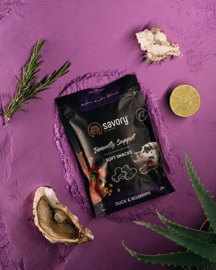 Ласощі для собак М'які ласощі Savory для зміцнення імунітету собак, качка та шипшина, 200 г