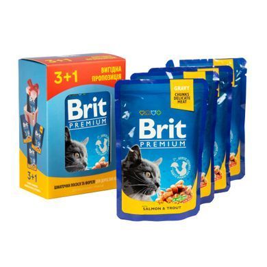 Вологий корм для котів Набір паучів "3+1" для котів Brit Premium Cat pouch з лосось і фореллю, 4 х 100г