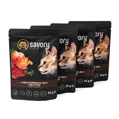 Вологий корм для котів Набір паучів Savory Kitten "3+1" для кошенят, ягня з гарбузом у желе, 85 г