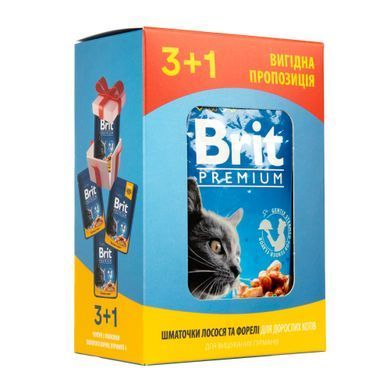 Вологий корм для котів Набір паучів "3+1" для котів Brit Premium Cat pouch з лосось і фореллю, 4 х 100г