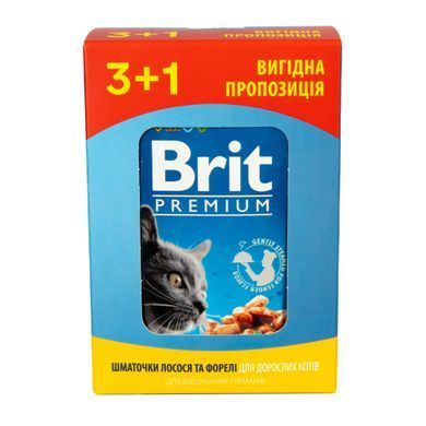 Вологий корм для котів Набір паучів "3+1" для котів Brit Premium Cat pouch з лосось і фореллю, 4 х 100г