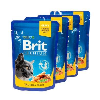 Вологий корм для котів Набір паучів "3+1" для котів Brit Premium Cat pouch з лосось і фореллю, 4 х 100г