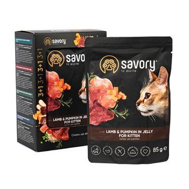 Вологий корм для котів Набір паучів Savory Kitten "3+1" для кошенят, ягня з гарбузом у желе, 85 г