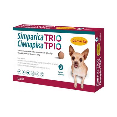 Simparica TRIO Таблетки від глистів, бліх та кліщів для собак вагою від 1.25 до 2.5 кг