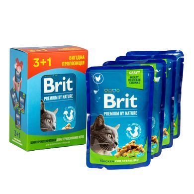 Вологий корм для котів Набір паучів "3+1" для стерилізованих котів Brit Premium Cat pouch Chicken Slices for Sterilised з куркою, 4х100г