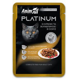 вологий корм PLATINUM Пауч для дорослих котів з Куркою та Журавлиною в соусі, 85г