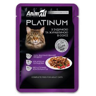 вологий корм PLATINUM Пауч для дорослих котів з Індичкою та Журавлиною в соусі, 85г