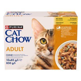 Вологий корм CAT CHOW Adult для дорослих котів, шматочки в желе, з куркою та цукіні, 10x85 г