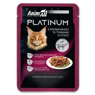 вологий корм PLATINUM Пауч для дорослих котів з Яловичиною та Травами в соусі, 85г