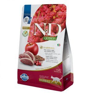 Сухий беззерновий корм Farmina N&D Quinoa Hairball ADULT для стимулювання виведення грудочок шерсті з качкою, кіноа, яблуко та журавлина, 300 г