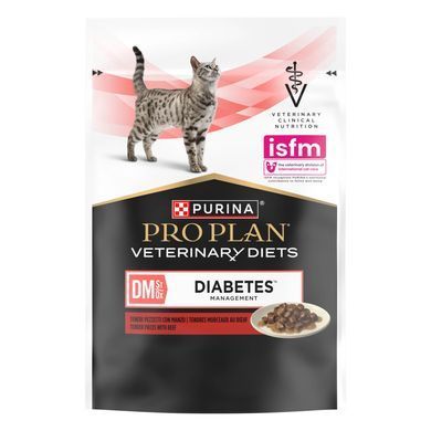Лікувальні дієти для котів Вологий дієтичний корм PRO PLAN VETERINARY DIETS DM ST/OX Diabetes Managment для дорослих котів для регулювання надходження глюкози (цукровий діабет), шматочки у підливці, з яловичиною, 85 г