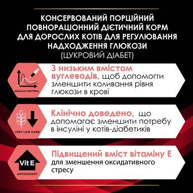 Лікувальні дієти для котів Вологий дієтичний корм PRO PLAN VETERINARY DIETS DM ST/OX Diabetes Managment для дорослих котів для регулювання надходження глюкози (цукровий діабет), шматочки у підливці, з яловичиною, 85 г