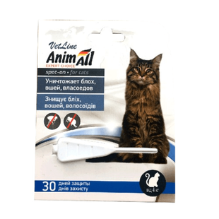 Краплі AnimAll VetLine Спот-Он проти бліх, вошей, волосоїдів, для котів від 4 до 10 кг, 1 мл