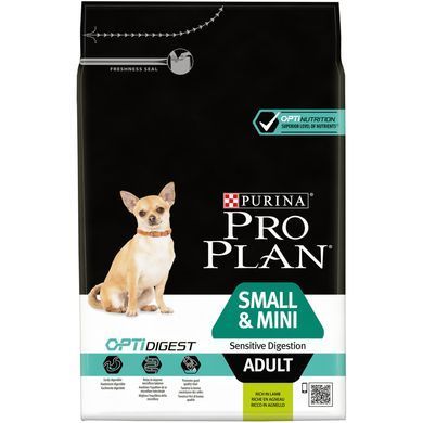 Сухий корм PRO PLAN Small&Mini Adult 1+ Sensitive Digestion для дорослих собак дрібних порід, з чутливим травленням, з ягням, 3 кг