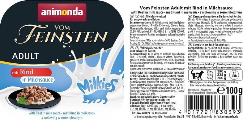 Корм вологий для котів Animonda Vom Feinsten Adult with beef in milk sauce з яловичиною у молочному соусі, 100 г