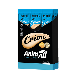 Ласощі для котів Рідкі ласощі AnimAll Сr&egrave;me для котів зі смаком тунця з креветками, 6х15 г