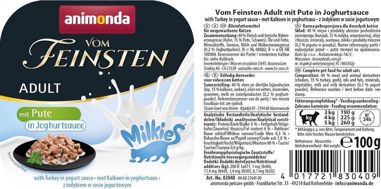 Корм вологий для котів Animonda Vom Feinsten Adult with turkey in yogurt sauce sauce з індичкою у соусі з йогурту, 100 г