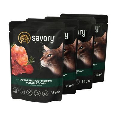 Вологий корм для котів Набір вологих кормів Savory "3+1" для дорослих котів, ягня з буряком у соусі, паучі, 4 шт 85 г