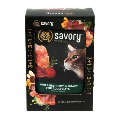 Вологий корм для котів Набір вологих кормів Savory "3+1" для дорослих котів, ягня з буряком у соусі, паучі, 4 шт 85 г