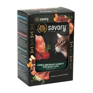Вологий корм для котів Набір вологих кормів Savory "3+1" для дорослих котів, ягня з буряком у соусі, паучі, 4 шт 85 г