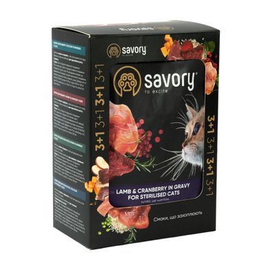 Вологий корм для котів Набір вологих кормів Savory "3+1" для стерилізованих котів, ягня з журавлиною у соусі, паучі, 4 шт 85 г