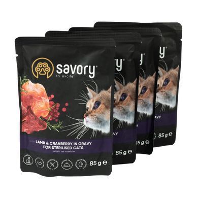Вологий корм для котів Набір вологих кормів Savory "3+1" для стерилізованих котів, ягня з журавлиною у соусі, паучі, 4 шт 85 г