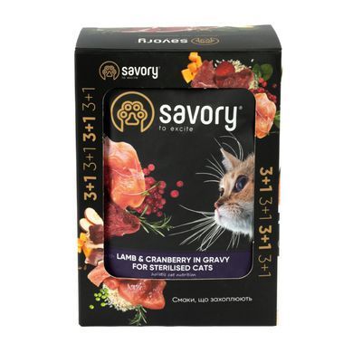 Вологий корм для котів Набір вологих кормів Savory "3+1" для стерилізованих котів, ягня з журавлиною у соусі, паучі, 4 шт 85 г