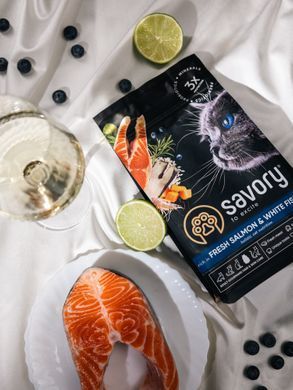 Сухий корм Savory для довгошерстих котів, зі свіжим лосось і білою рибою, 400 г