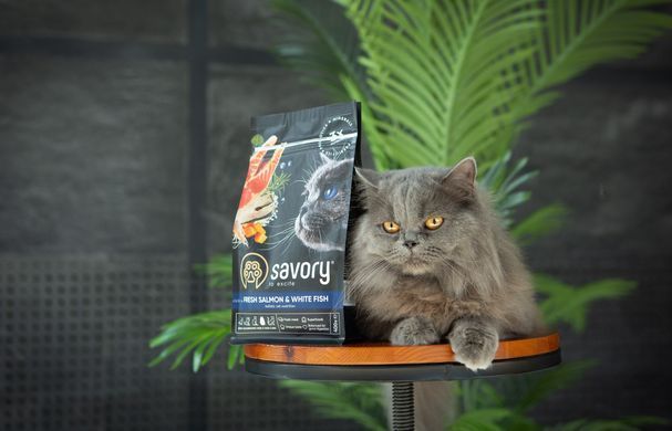 Сухий корм Savory для довгошерстих котів, зі свіжим лосось і білою рибою, 400 г