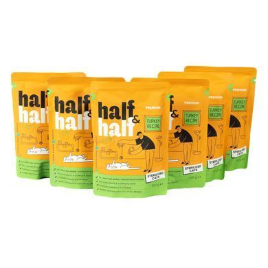 Вологий корм для котів Набір вологих кормів Half&Half "5+1" для стерилізованих котів, шматочки з індичкою в желе, паучі, 6 шт*100 г