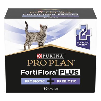 Вітаміни та добавки для котів Пробіотик з пребіотиком PRO PLAN FortiFlora PLUS для дорослих котів та кошенят для підтримання нормальної міклофлори кишечника, 30x1,5 г