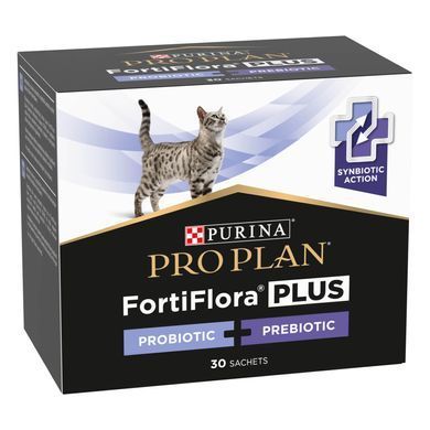 Вітаміни та добавки для котів Пробіотик з пребіотиком PRO PLAN FortiFlora PLUS для дорослих котів та кошенят для підтримання нормальної міклофлори кишечника, 30x1,5 г
