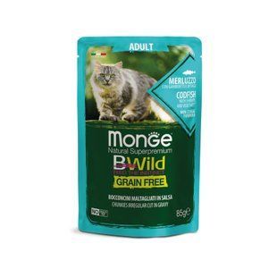 Вологий корм для котів Monge Cat Bwild Grain Free Wet тріска з креветками та овочами 85 г