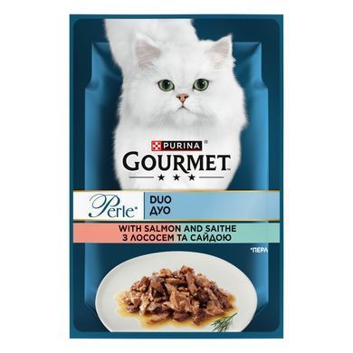 Вологий корм GOURMET Perle Duo для дорослих котів, міні філе у підливці, з лосось та сайдою, 85 г