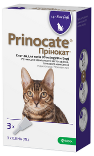 KRKA Prinocate Прінокат краплі від бліх та кліщів для котів 4-8кг, 80/8мг (3 піпетки/уп)