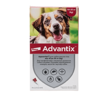 Краплі Bayer від бліх і кліщів Elanco Advantix для собак вагою 10-25 кг, пакунок 4 піпетки