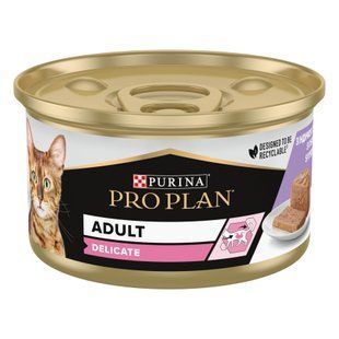 Вологий корм PRO PLAN Delicate для дорослих котів з чутливим травленням, мус, з індичкою, 85 г