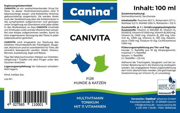 Вітаміни та добавки для собак Вітамінізований тонік Canina Canivita для котів та собак, зі швидким ефектом, універсальний, 250 мл