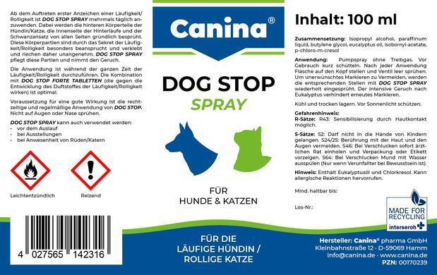 Корекція поведінки собак Гігієнічний засіб Canina Dog Stop Spray для собак і котів для заспокоєння спрей при тічці сук 100 мл
