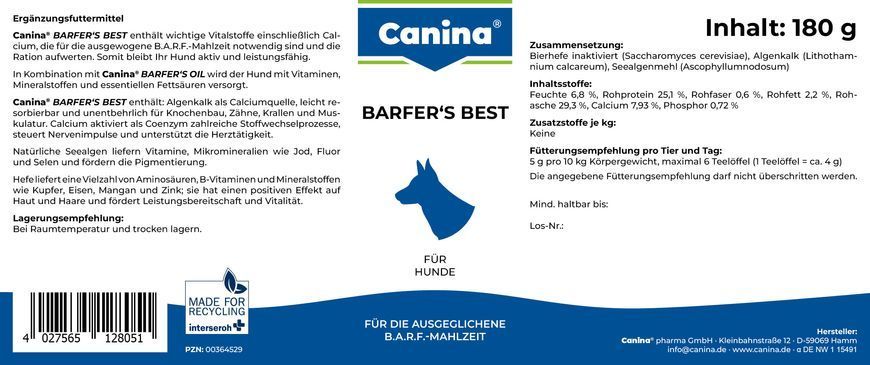 Вітаміни та добавки для собак Вітамінно-мінеральний комплекс Canina Barfers Best для дорослих собак, яких годують натуральним кормом, 180 г