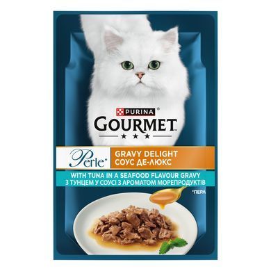 Вологий корм GOURMET Perle "Соус Де-Люкс" для дорослих котів, міні філе у соусі, з тунцем, 85 г